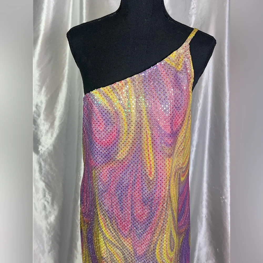 Asymmetrical Pink+Yellow Swirl One Shoulder Disco-Inspired Prom/Party Maxi Dress - Picture 2 of 8